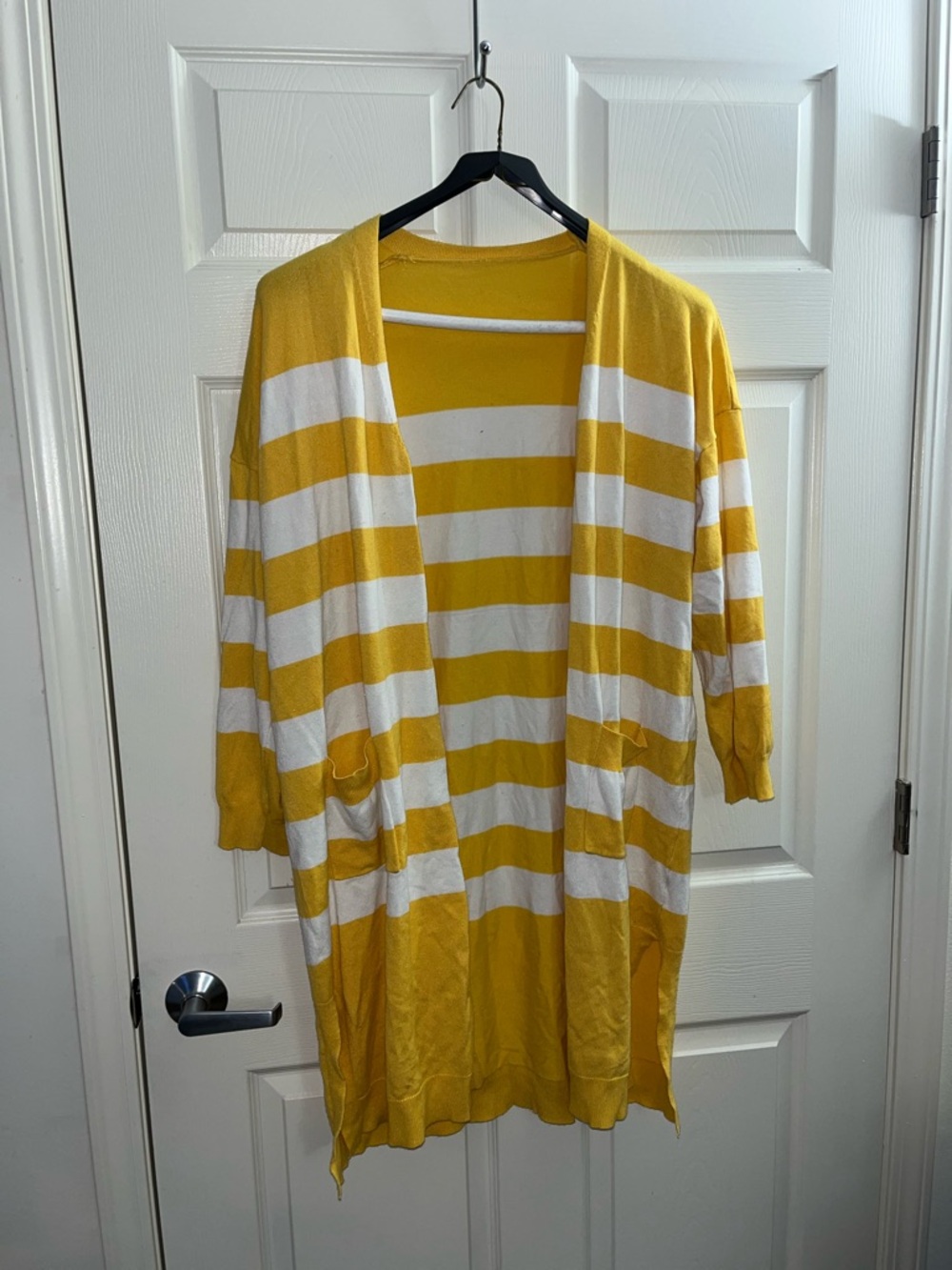 Yellow & White Striped Open Cardigan with Pockets